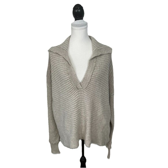 Free People Sweater Top Size M Beige Hi Low Hem V Neck Chunky Knit Cropped Top - Picture 7 of 11